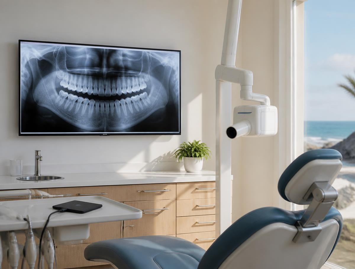 Digital dental x-ray displayed on a large monitor beside a modern x-ray arm in a treatment room