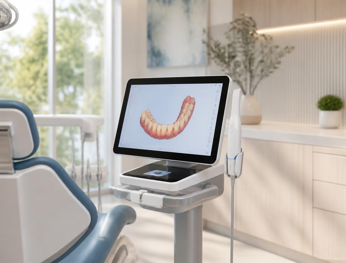 iTero Lumina digital scanner cart displaying a 3D model of teeth on its touchscreen